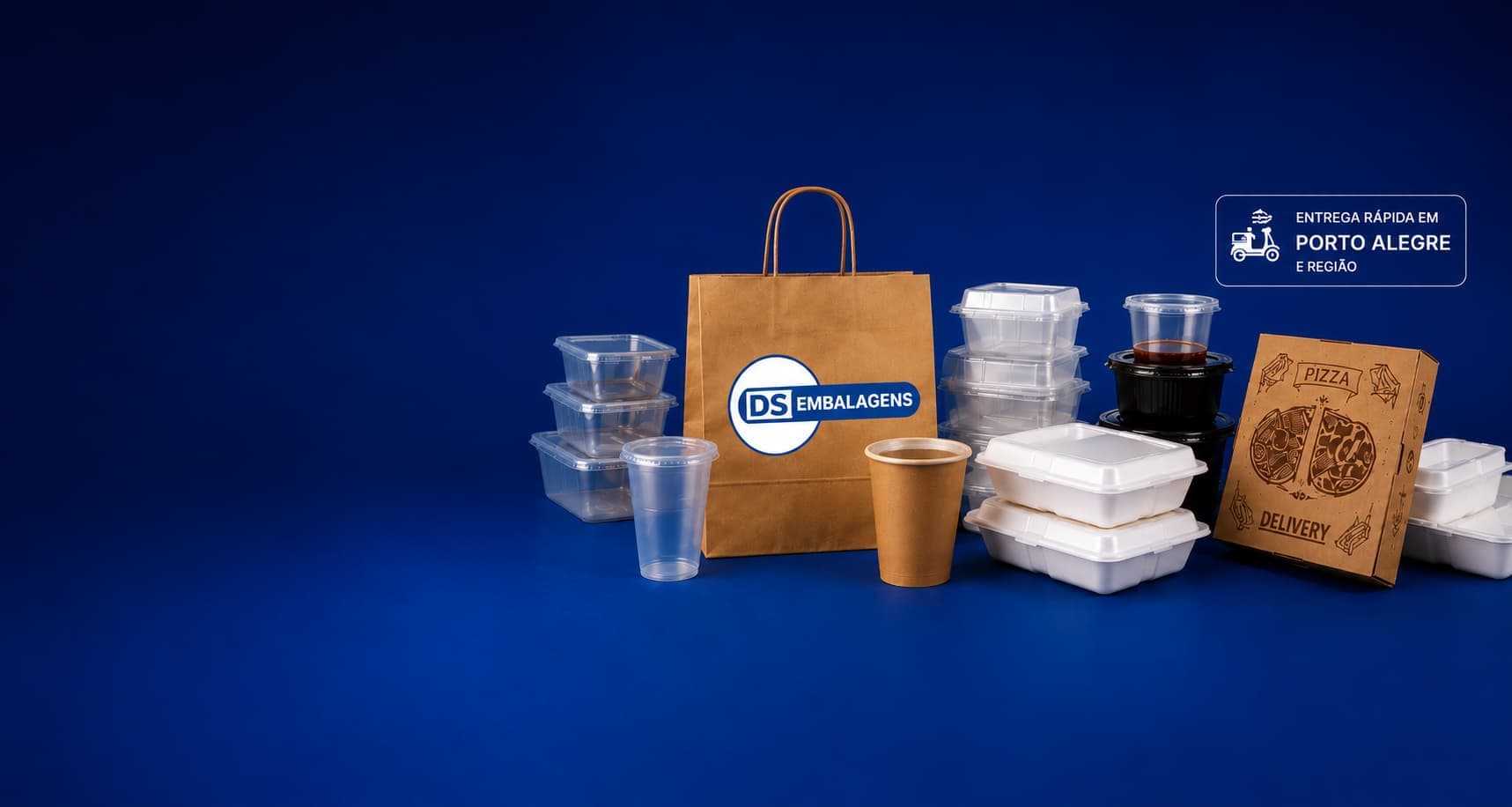 Linha de embalagens descartáveis DS Embalagens para delivery: potes, copos, sacola, marmitas e caixa de pizza